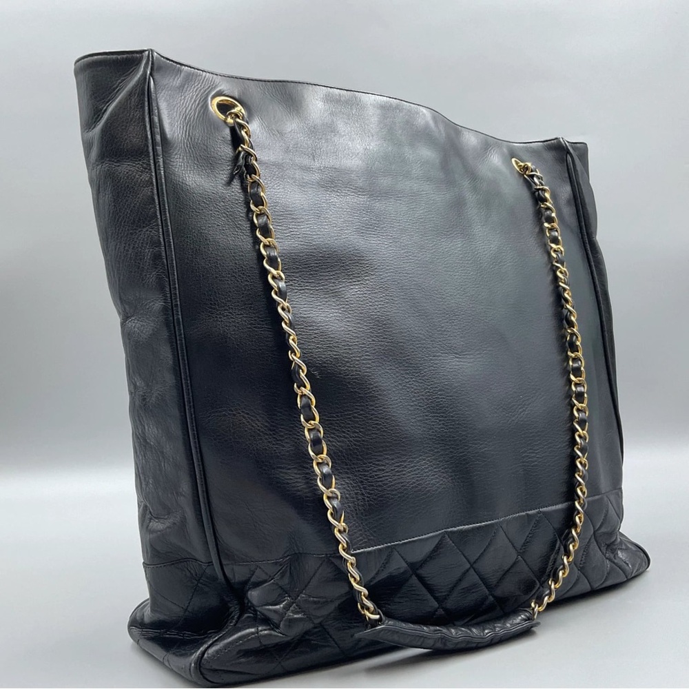 Authentic CHANEL vintage black lambskin leather shopping tote